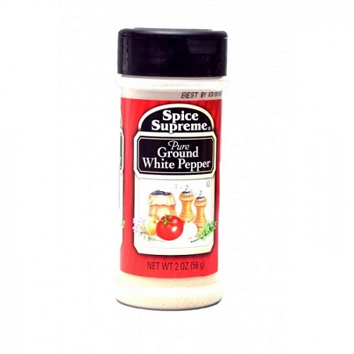 a plastic jar of ground white pepper spice supreme