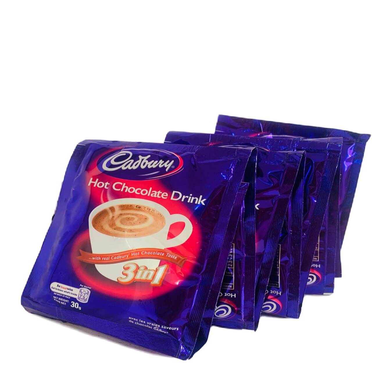 Sachets of cadbury hot chocolate drink, 3in 1